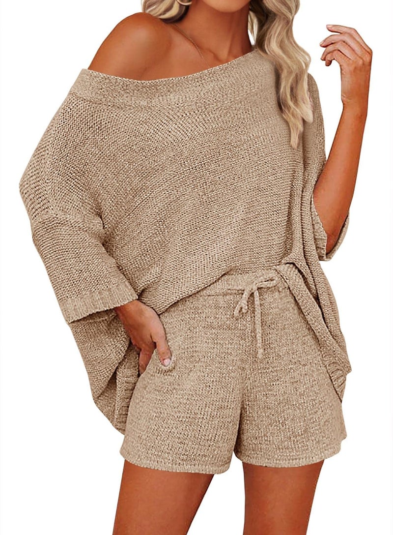 Mafulus Women's 2 Piece Outfits Sweater Sets Off Shoulder Knit Top Shorts Matching Suits Cute Pajama Lounge Set - Image 1